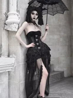 Gothic Lolita Corset For Women Black Lace Up Lace Polyester Lolita Dress