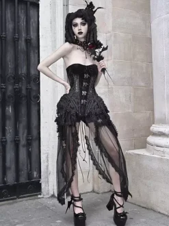 Gothic Lolita Corset For Women Black Lace Up Lace Polyester Lolita Dress