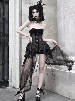 Gothic Lolita Corset For Women Black Lace Up Lace Polyester Lolita Dress