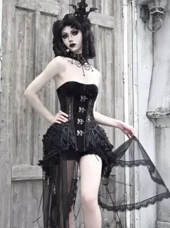 Gothic Lolita Corset For Women Black Lace Up Lace Polyester Lolita Dress