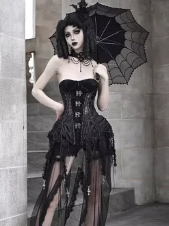 Gothic Lolita Corset For Women Black Lace Up Lace Polyester Lolita Dress