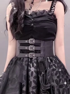 Gothic Lolita Cummerbund Metal Details Grommets Metallic PU Leather Miscellaneous Black Lolita Accessories