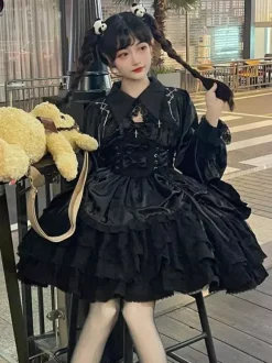 Gothic Lolita Dress Black Sleeveless JSK with Bows and Ruffles Kawaii Fashion