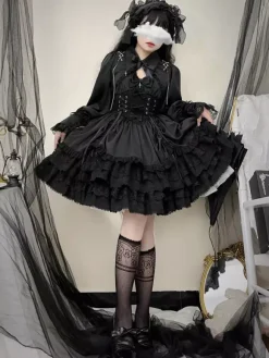 Gothic Lolita Dress Black Sleeveless JSK with Bows and Ruffles Kawaii Fashion