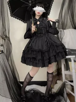 Gothic Lolita Dress Black Sleeveless JSK with Bows and Ruffles Kawaii Fashion