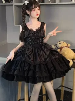 Gothic Lolita Dress Black Sleeveless JSK with Bows and Ruffles Kawaii Fashion