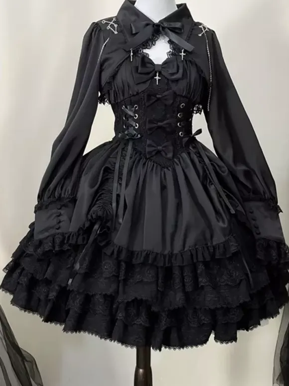 Gothic Lolita Dress Black Sleeveless JSK with Bows and Ruffles Kawaii Fashion