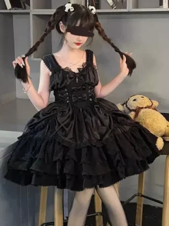 Gothic Lolita Dress Black Sleeveless JSK with Bows and Ruffles Kawaii Fashion