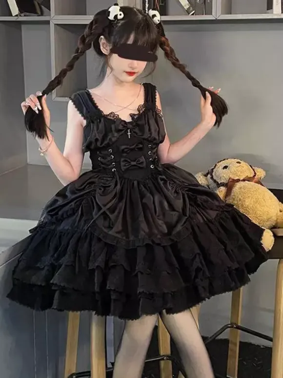 Gothic Lolita Dress Black Sleeveless JSK with Bows and Ruffles Kawaii Fashion