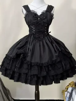 Gothic Lolita Dress Black Sleeveless JSK with Bows and Ruffles Kawaii Fashion