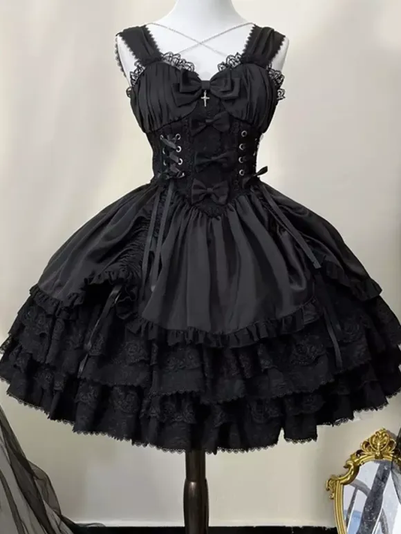 Gothic Lolita Dress Black Sleeveless JSK with Bows and Ruffles Kawaii Fashion