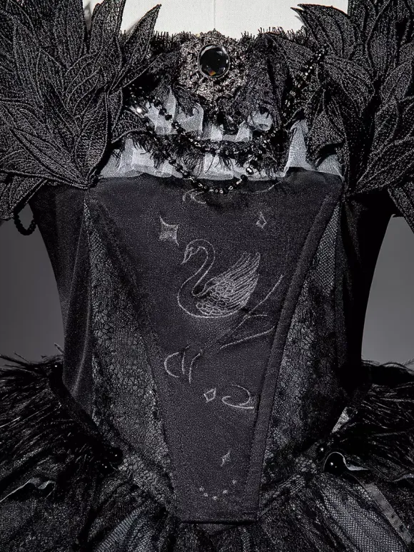 Gothic Lolita Dress Black Swan Train Strapless Jumper Dress With Choker And Headpiece Accessories