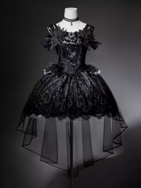 Gothic Lolita Dress Black Swan Train Strapless Jumper Dress With Choker And Headpiece Accessories