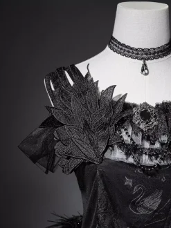 Gothic Lolita Dress Black Swan Train Strapless Jumper Dress With Choker And Headpiece Accessories