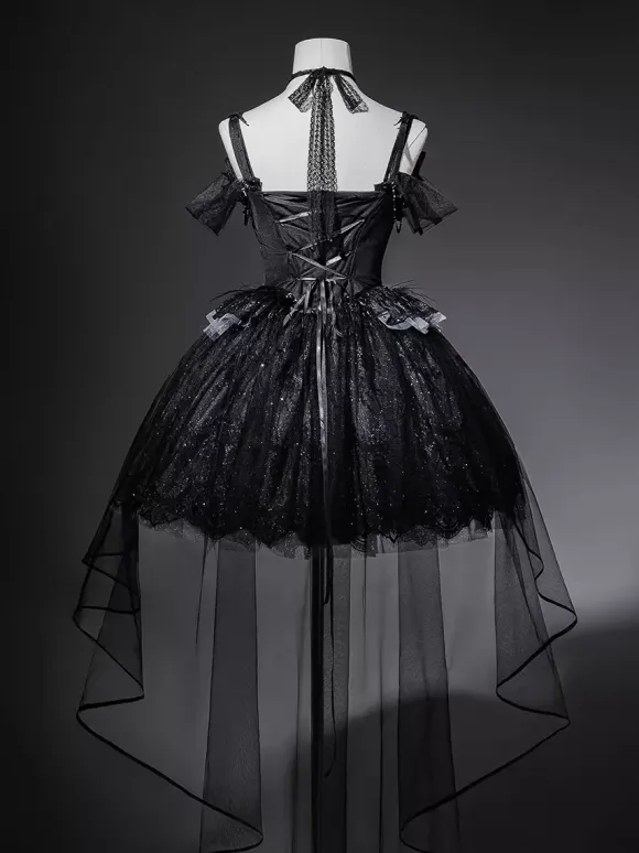 Gothic Lolita Dress Black Swan Train Strapless Jumper Dress With Choker And Headpiece Accessories