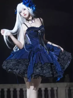 Gothic Lolita Dresses Blue Bows Lace Up JSK Ruffles Lolita Short Dress