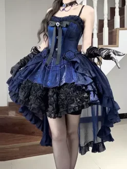 Gothic Lolita Dresses Blue Bows Lace Up JSK Ruffles Lolita Short Dress