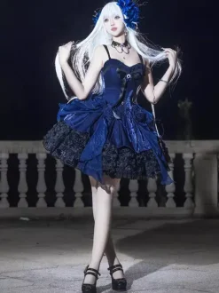 Gothic Lolita Dresses Blue Bows Lace Up JSK Ruffles Lolita Short Dress