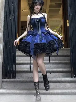 Gothic Lolita Dresses Blue Bows Lace Up JSK Ruffles Lolita Short Dress