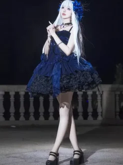 Gothic Lolita Dresses Blue Bows Lace Up JSK Ruffles Lolita Short Dress