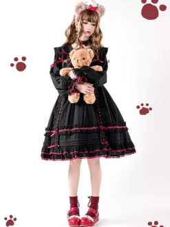 Gothic Lolita Dresses Bows Lace Color Block Black Black