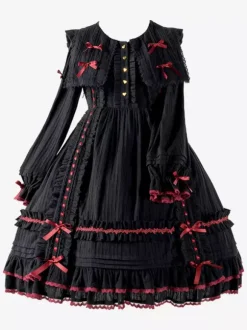 Gothic Lolita Dresses Bows Lace Color Block Black Black
