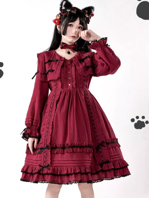 Gothic Lolita Dresses Bows Lace Color Block Black Black