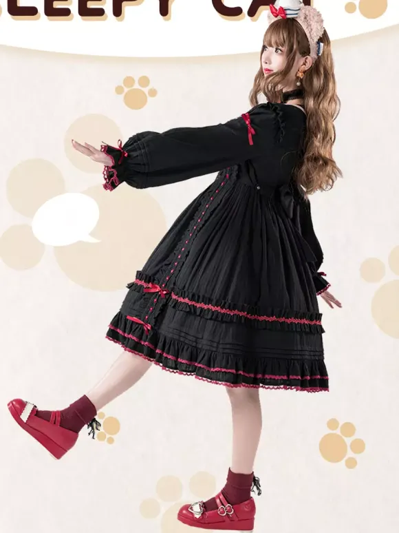 Gothic Lolita Dresses Bows Lace Color Block Black Black