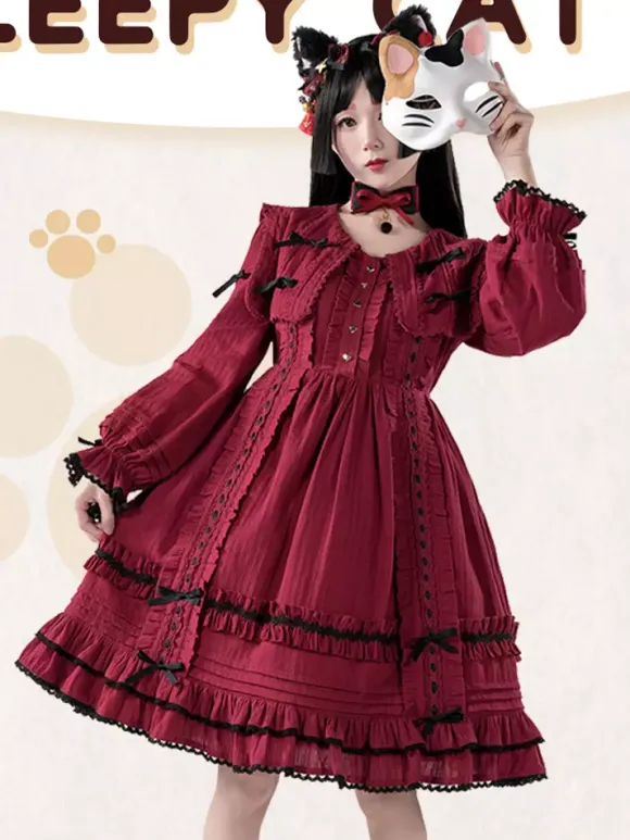 Gothic Lolita Dresses Bows Lace Color Block Black Black