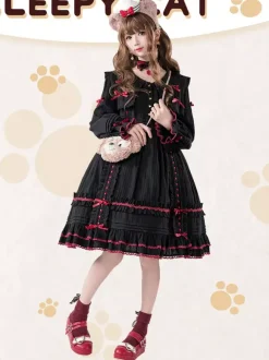 Gothic Lolita Dresses Bows Lace Color Block Black Black
