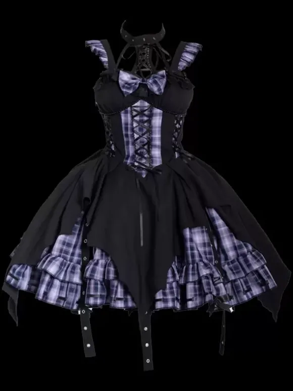 Gothic Lolita Dresses Grommets Lace Up Plaid Black Red
