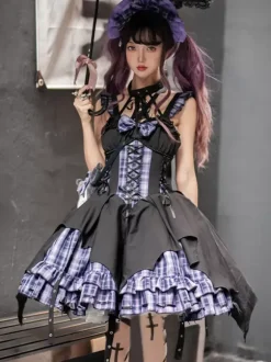 Gothic Lolita Dresses Grommets Lace Up Plaid Black Red