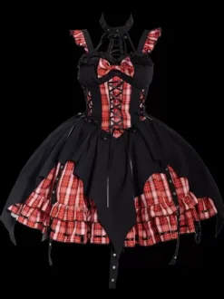 Gothic Lolita Dresses Grommets Lace Up Plaid Black Red