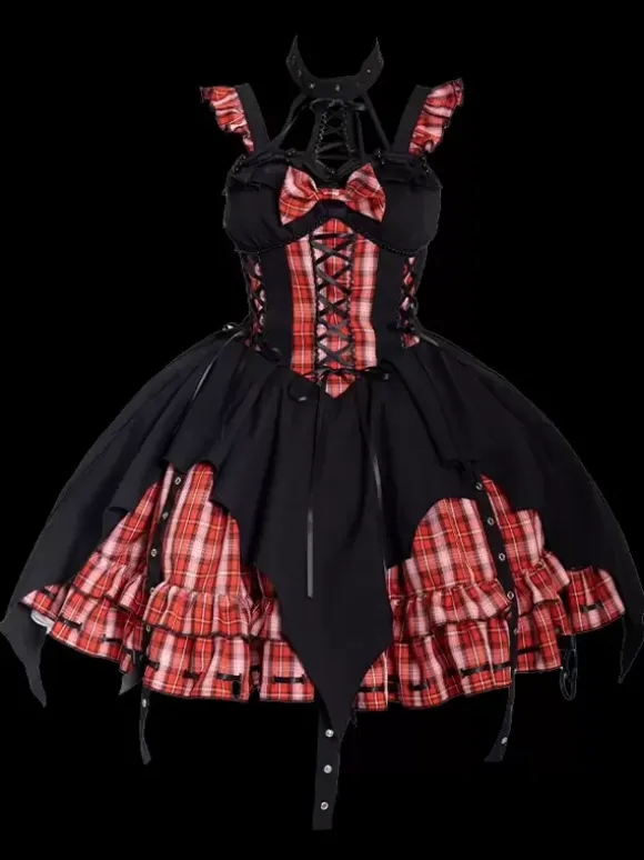 Gothic Lolita Dresses Grommets Lace Up Plaid Black Red
