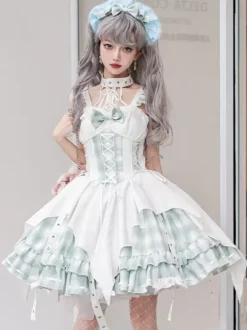 Gothic Lolita Dresses Grommets Lace Up Plaid Black Red