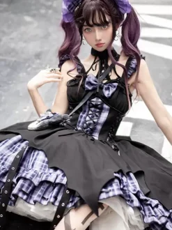 Gothic Lolita Dresses Grommets Lace Up Plaid Black Red
