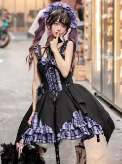Gothic Lolita Dresses Grommets Lace Up Plaid Black Red
