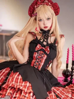 Gothic Lolita Dresses Grommets Lace Up Plaid Black Red