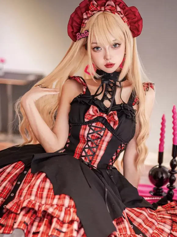 Gothic Lolita Dresses Grommets Lace Up Plaid Black Red