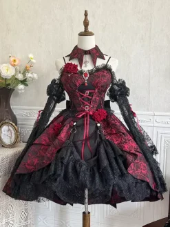 Gothic Lolita Dresses Lace Flowers Jacquard Burgundy Black & Red JSK