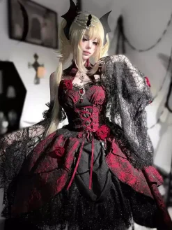 Gothic Lolita Dresses Lace Flowers Jacquard Burgundy Black & Red JSK