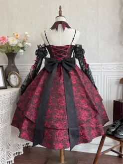 Gothic Lolita Dresses Lace Flowers Jacquard Burgundy Black & Red JSK