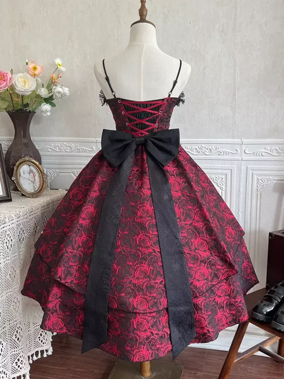 Gothic Lolita Dresses Lace Flowers Jacquard Burgundy Black & Red JSK