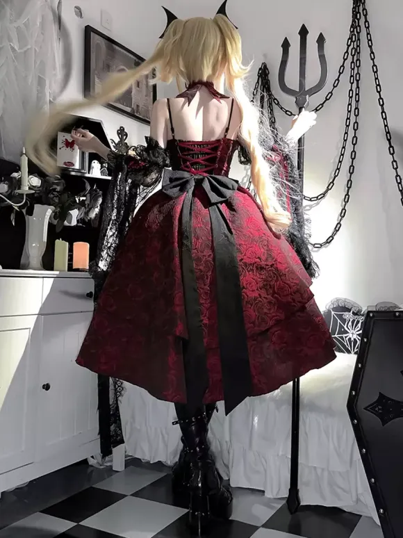 Gothic Lolita Dresses Lace Flowers Jacquard Burgundy Black & Red JSK