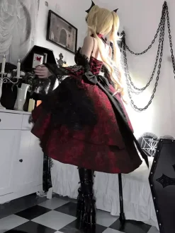 Gothic Lolita Dresses Lace Flowers Jacquard Burgundy Black & Red JSK