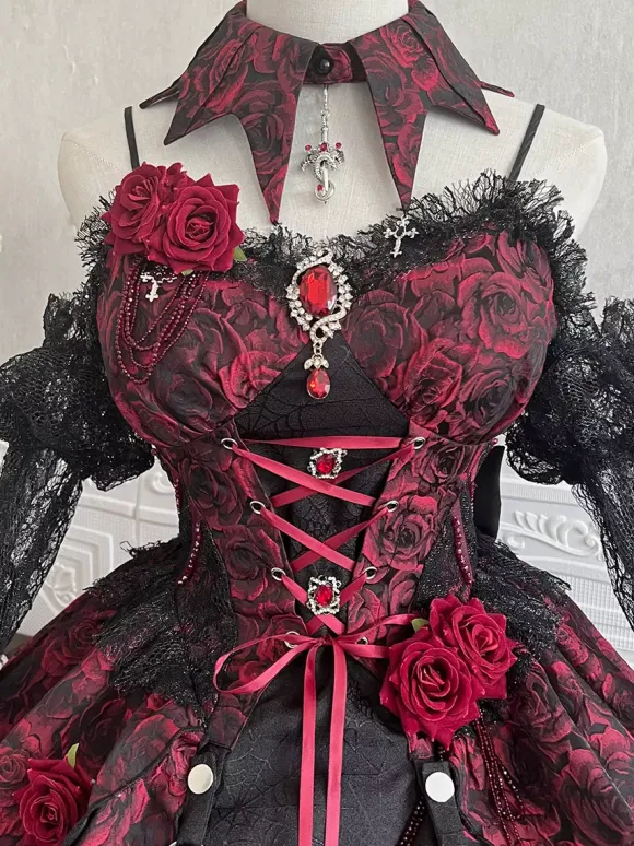 Gothic Lolita Dresses Lace Flowers Jacquard Burgundy Black & Red JSK