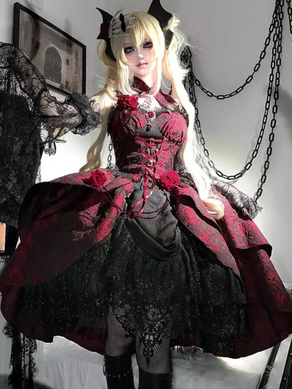 Gothic Lolita Dresses Lace Flowers Jacquard Burgundy Black & Red JSK