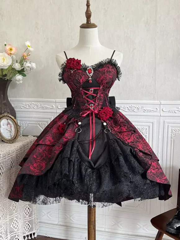 Gothic Lolita Dresses Lace Flowers Jacquard Burgundy Black & Red JSK