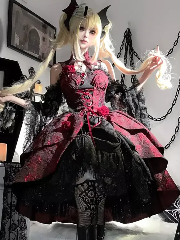 Gothic Lolita Dresses Lace Flowers Jacquard Burgundy Black & Red JSK