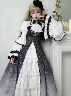 Gothic Lolita Dresses Lace Floral Print Black Black